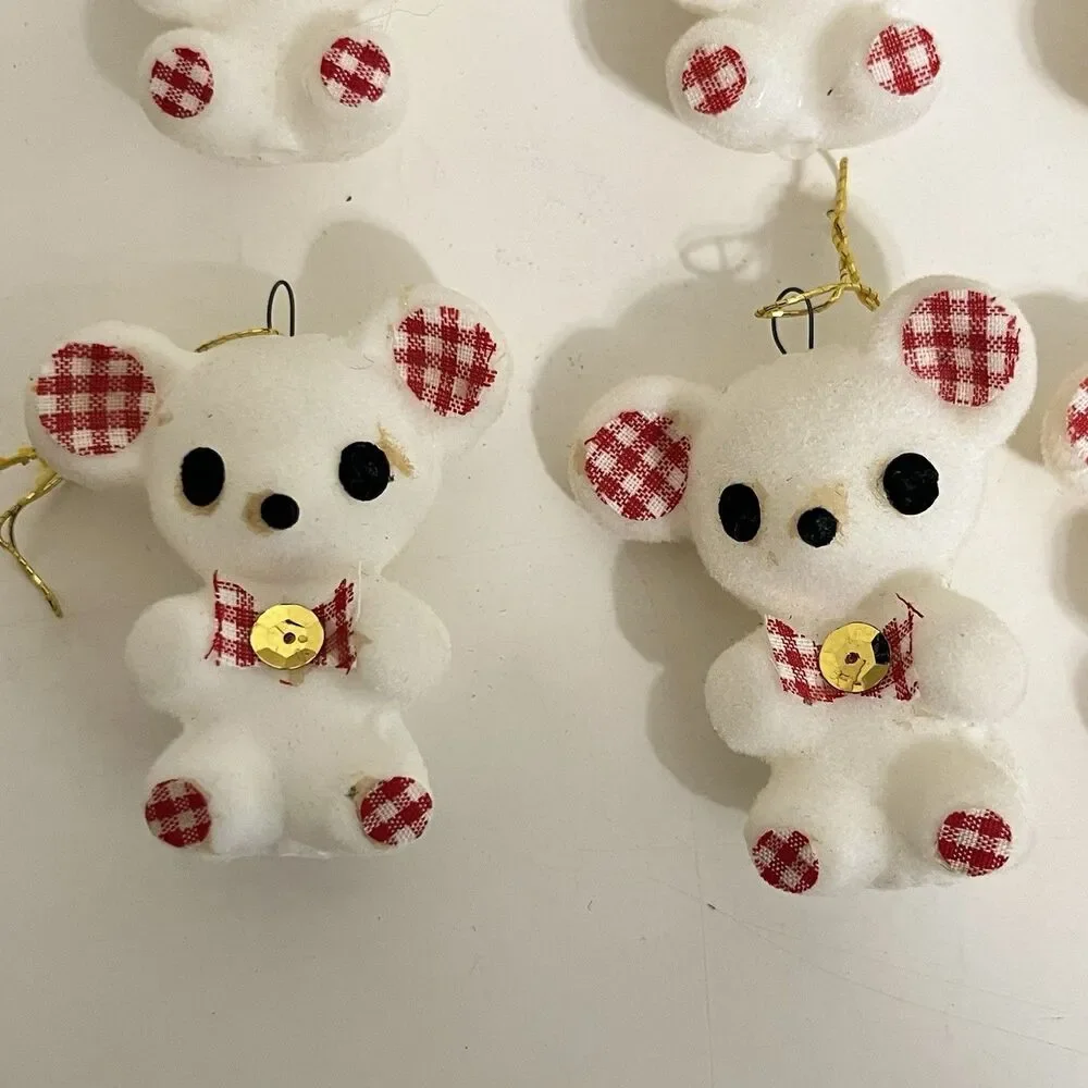 Vintage White Flocked Christmas Ornamants Japan Red Gingham Bear Mouse Elephant